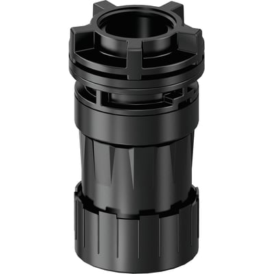 Detaljeret vinkel af Uponor Aqua PLUS lækagemelder skab M7 afløbsmuffe, der viser dens sorte plastkonstruktion og monteringsdetaljer for 25/20mm rør.