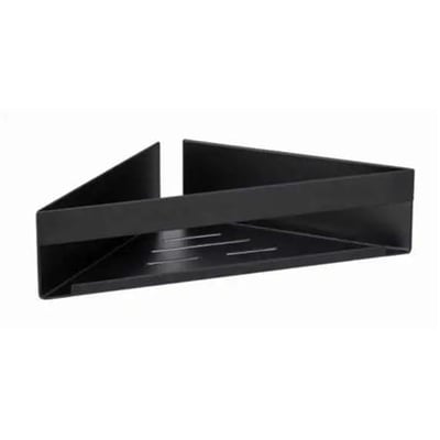 Hjørnehylde i mat sort rustfrit stål med målene 36 x 17 x 8 cm og praktisk dræn design.