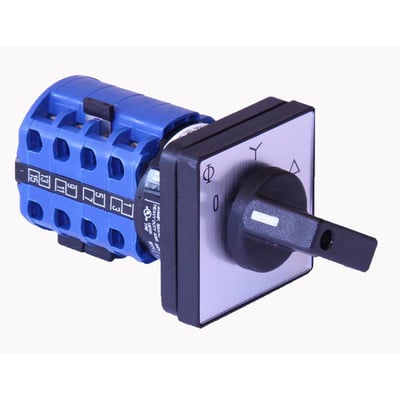 Kraus & Naimer stjerne-trekant omskifter 20A med 0-Y-D funktion og sort drejehåndtag på hvid baggrund.