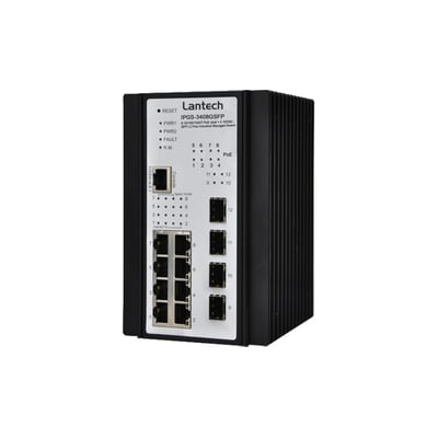 Industriel netværksswitch Lantech IPGS-3408GSFP med 8 PoE porte og 4 SFP porte, vist forfra på hvid baggrund.