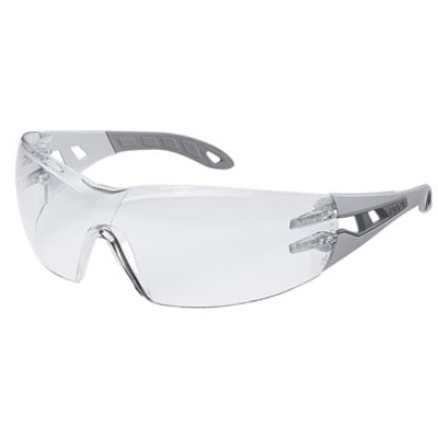 Uvex Pheos sikkerhedsbrille i højglans hvid og grå med klar, kurvet linse og brede brillestænger.