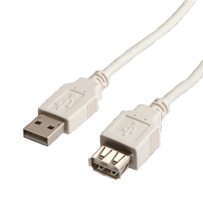 Hvidt USB 2.0 A-A kabel på 1,8 meter med han- og hun-stik, perfekt til forlængelse af eksisterende USB-kabler.