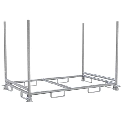 Schake transport- og opbevaringsstativ til spærrebomme, fremstillet af galvaniseret stål med tværrør for stabilitet.