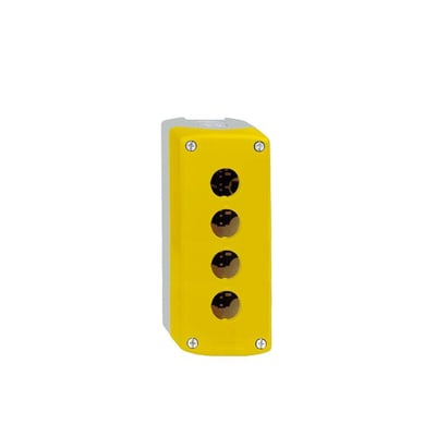 Schneider Electric gul trykknapkasse XALK tom, med plads til 4xØ22mm knapper og monteringsskruer.