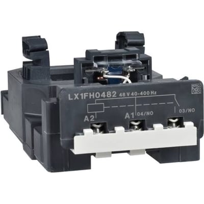 Schneider Electric spole LX1FH0482 til kontaktorer, viser 48V 40-400Hz mærkning og tilslutningspunkter.