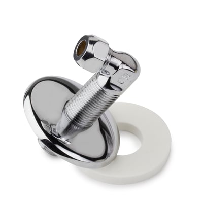 Roth Quickbox vinkel med 1/2" gevind og 10 mm tilslutning, vist med en hvid pakning.