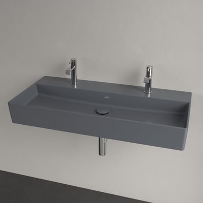 Nærbillede af Villeroy & Boch Memento 2.0 vaskeskålen i grå, der viser den firkantede form og bundafløb uden overløb.