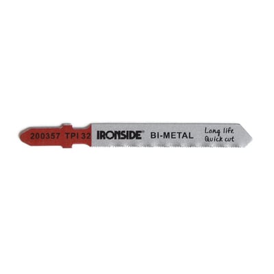 Ironside T118G stiksavklinge i BIM set tættere på, med rødt skaft og markering af 32 TPI på klingen.