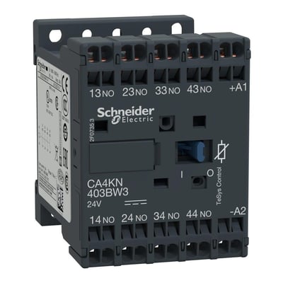 Schneider Electric CA4KN 24VDC hjælperelæ med 4NO kontakter og TeSys Control, vist med mørkegrå kabinet.