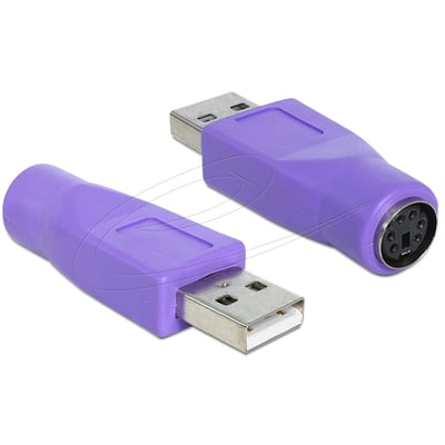 Lilla DeLock-adapter med USB Type-A-hanstik og PS/2-hunstik, vist fra begge ender.