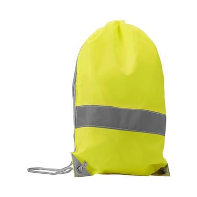 ID Identity gymbag rygsæk i fluorescerende gul med reflekterende grå stribe og bomuldssnor.