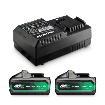 Hikoki Power Tools akku batterisæt med to sorte og grønne BSL36B18X-batterier og en sort hurtiglader.