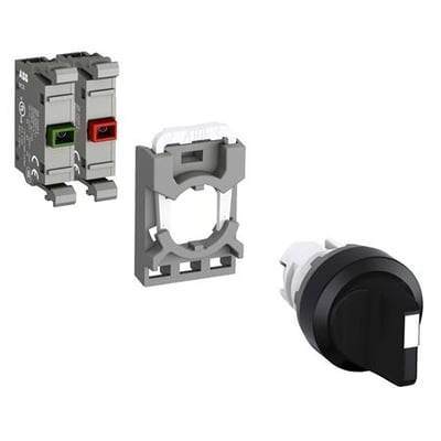 Tre dele af en ABB drejeomskifter: et kontaktmodul med grønne og røde trykknapper, en monteringsramme og selve drejeknappen.