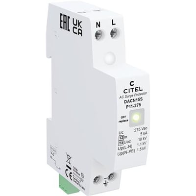 CITEL DACN15S-P11-275 transientbeskyttelse type 2+3 med grøn jordtilslutning og statusindikatorlys.