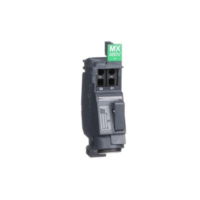 Schneider Electric MX spole til fjernudkobling, mærket 480V, med terminaler C1 og C2, isoleret plastkabinet i mørkegrå.