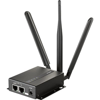 CATERPILLAR 4G LTE Cat.4 M2M Dual-SIM VPN-router med sort kabinet, tre antenner og netværksporte foran.
