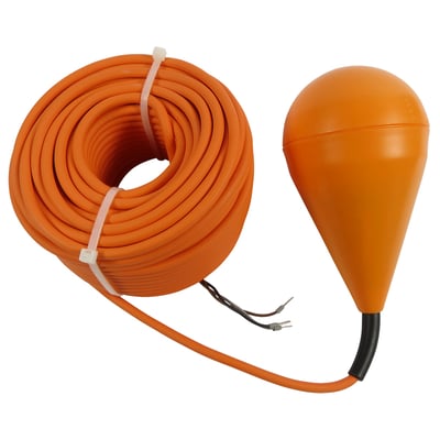 Grundfos niveauvippe med 20 meter orange kabel, tæt på, med kablet rullet sammen og vippen ved siden af på hvid baggrund.