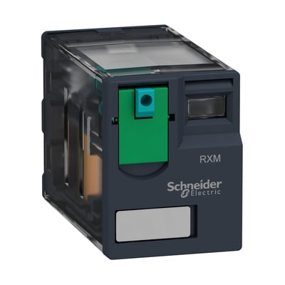 Schneider Electric stikbensrelæ RXM med 4CO kontakter og 6A mærkestrøm, vist med 220V DC driftsspænding på hvid baggrund.