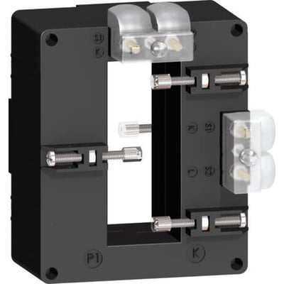 Schneider Electric strømtransformer 1500/5A KL1, 15VA i sort plast med synlige skruer og terminaler på en mørk baggrund.