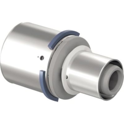 Tættere vinkel på Uponor S-Press reduktion 63-50mm, fremhæver PPSU materialets holdbarhed og presmekanismen.