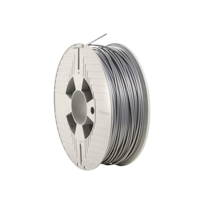 Verbatim PLA 3D printer filament på 1 kg spole med 1,75 mm sølv/metaltråd, isoleret på hvid baggrund.