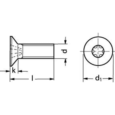 Skematisk tegning af M6x10mm DIN 965 undersænket maskinskrue med T-drive og mål for længde, hoved og diameter.
