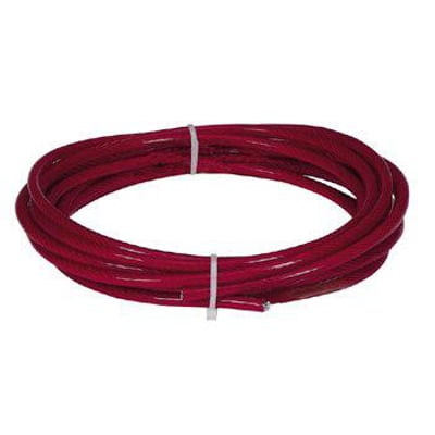 Rød nødstop wire på 20 meter, med en total diameter på 5 mm og et rødt PVC hylster. Materialet er rullet op og holdt sammen med hvide strips.
