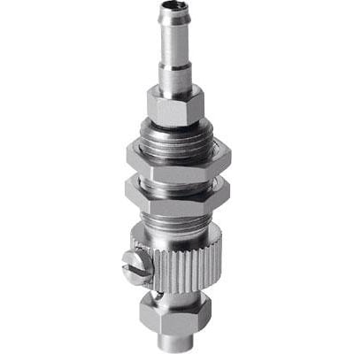 Festo holder til vakuumsuger ESH-HC-1-PK i metal, med vakuumtilslutning og højdekompensator fastgjort med sekskantmøtrikker.