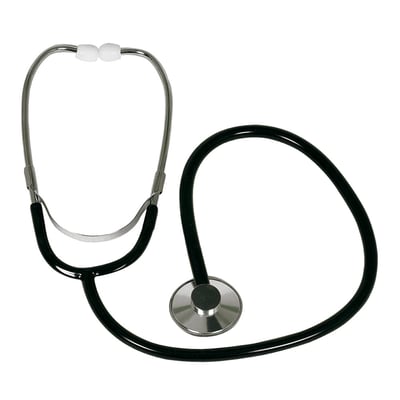 Enkeltsidet, sort stetoskop med krombøjle og hvide ørepropper, ideelt til hjerte- og lungelyde.