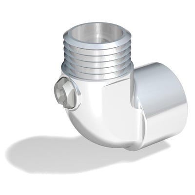 Forkromet vinkeltilkobling i messing med 1/2" muffe og 1/2" nippel uden håndtag, velegnet til vand og varme.
