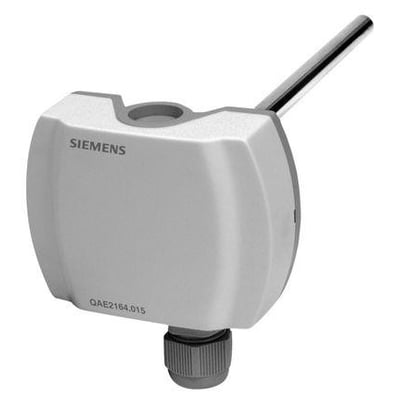Siemens QAE2164.010 temperaturføler til indstik med 0-10V signal, 0.1m lang sølvfarvet probe og gråt plasthus.