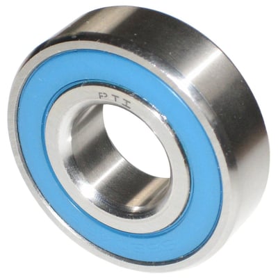 Rustfrit sporkugleleje SS 6209 2RS med blå gummitætning og mærket 'PTI' på inderkanten.