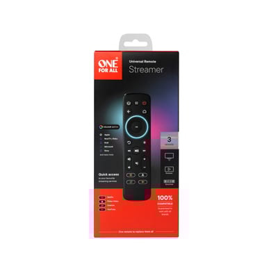 One For All URC 7935 universel streamer fjernbetjening i emballage med ikoner for streamingtjenester og kompatibilitet.