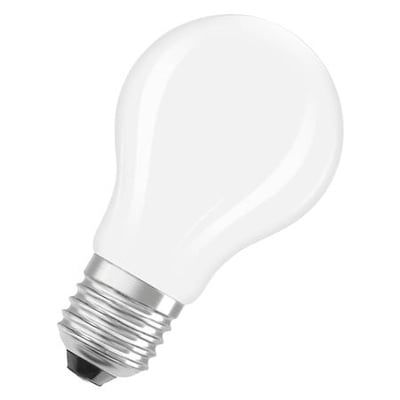 Hvid mat LED standardpære med E27 fatning, 806 lumen og 5,9W effekt, 827 farvetemperatur.