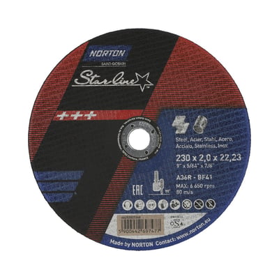 Norton Starline skæreskive til metal med dimensionerne 230x2,0 mm og en huldiameter på 22,23 mm, velegnet til stål og rustfrit stål.