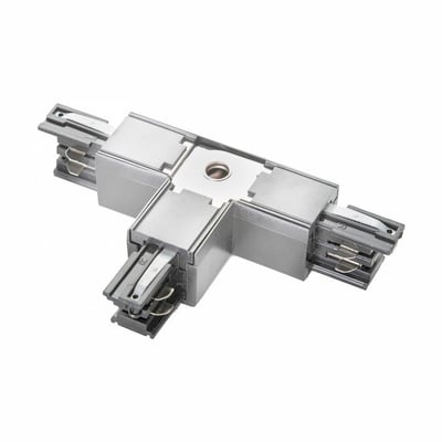 SpectrumLED 3-faset SPS-2 T-T2-samler til skinnesystem ses skråt ovenfra med tre sølvfarvede tilslutningsarme.