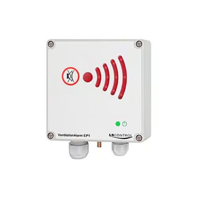 Scantool trykvagt med advarselslys og alarm, model VentilationAlarm EP1, hvid IP22 kapsling med grønne lysindikatorer.