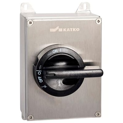 Katko reparationsafbryder EMC, 3POL+H, 25A, IP69, med drejehåndtag og synlige ON/OFF markeringer på rustfri stålkapsling.