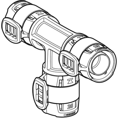 Teknisk tegning af Geberit FlowFit T-stykke, 50 mm, lavet af sort PPSU, med mål og dimensioner angivet.