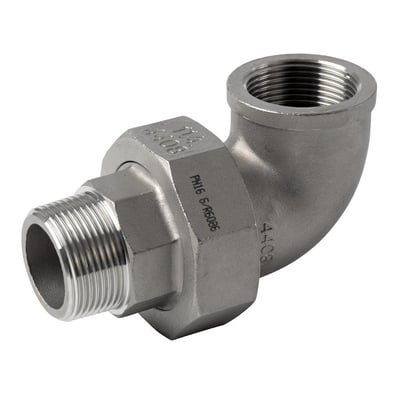 Vinkelunion i AISI 316 rustfrit stål med nippel og muffe, 3/4'' gevind, velegnet til drikkevand.