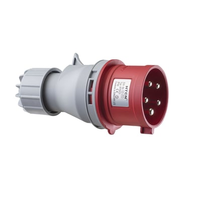 Adapter med IEC 309 CEE 3-polet 16A hanstik i rød og grå med låsering mod hvid baggrund.