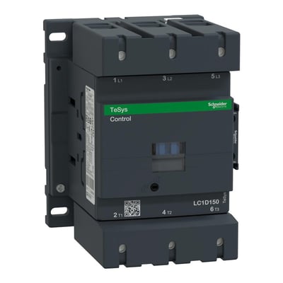 Schneider Electric TeSys D kontaktor med 150A mærkestrøm og 110VAC spole, set fra siden med tydelige polbetegnelser.