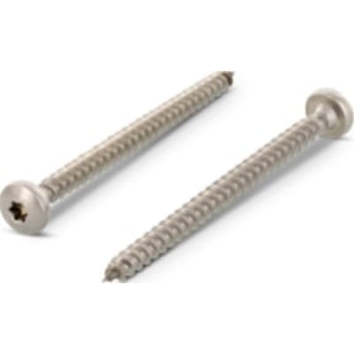 4,5 x 20 mm spånpladeskrue i A4 rustfrit stål med panhoved og TX20-drev, vist fra to vinkler.