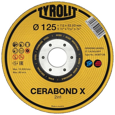 Tyrolit CERABOND X 2-i-1 skrubskive, visende dimensioner 125x7x22,23 mm og anvendelsesområder for stål.