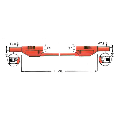 Rød 150cm prøveledning med dimensioner og diagram over 4mm stabelbare sikkerhedsbananstik for 12A.