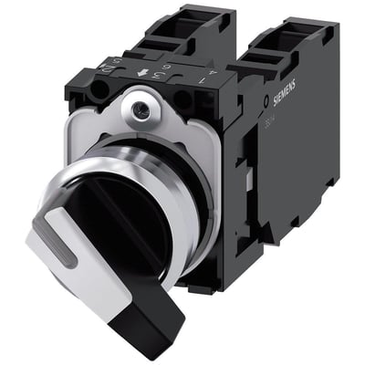 Siemens 22mm omskifter i ru metal med højglans hvid knap, låsefunktion og 1NO kontakt, monteret på sort baggrund.