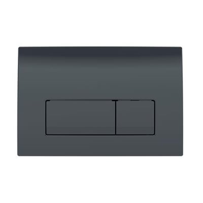 Geberit Delta50 betjeningsplade i sort plast med dobbeltskyl, viser den flade front og to trykknapper.