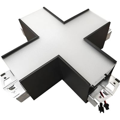 Opple Lima X-CONNECTION-G2-BL X-forbindelse set skråt oppefra med lys metalflade, mørke kanter og monteringsbeslag.