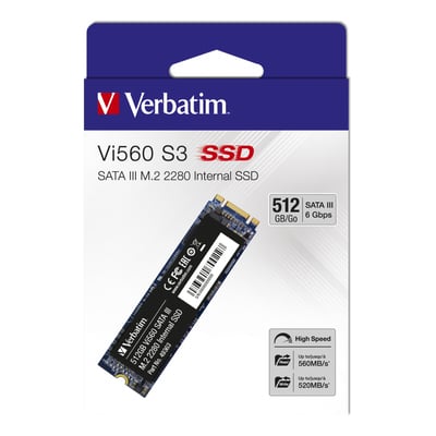 Emballagen til Verbatim Vi560 S3 M.2 SSD med 512 GB viser SSD'en og dens SATA III-specifikationer.