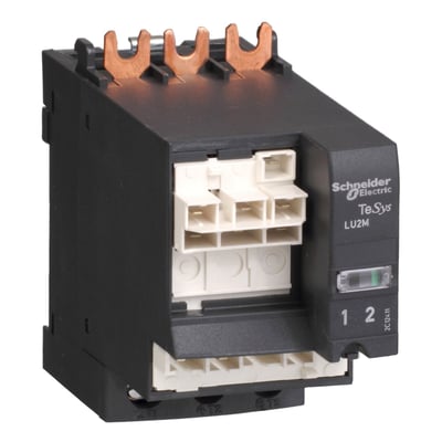 Schneider Electric TeSys U reverser modul LU2M, 48-72DC/48AC, med kobberterminaler og hvid koblingsblok. Produktet har tydelig mærkning med mærke og model.